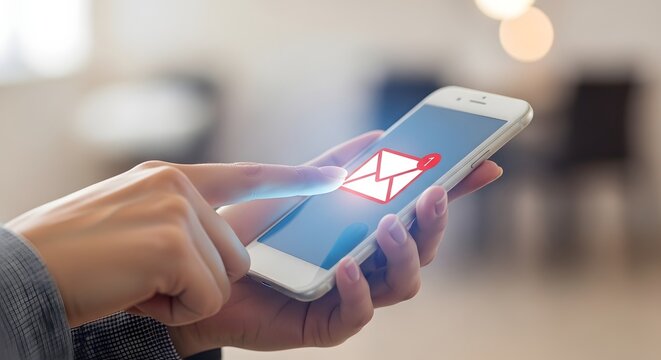 Close up of a hand holding a smartphone with an email notification icon on the screen.