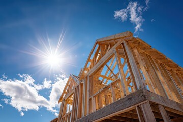Obraz premium Wooden House Framing Construction Against a Sunny Blue Sky with Clouds and Sunburst Glimmering Light in Horizontal Composition