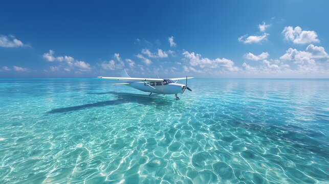 Single engine floatplane rests peacefully on exceptionally clear tropical ocean water under a bright blue sky.