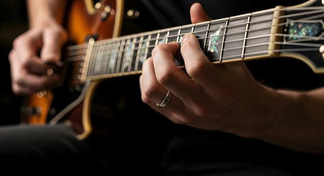 Close up of a musician playing an electric guitar with focus on hands and fretboard.