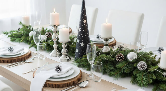 Christmas candle dinner new year party elegant table scene with glowing candles evergreen garland pinecone and festive decor creating warm inviting holiday atmosphere