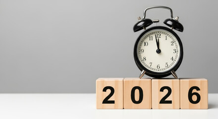 2026 business year end christmas new year countdown concept with classic alarm clock on wooden blocks marking transition and festive deadline mood
