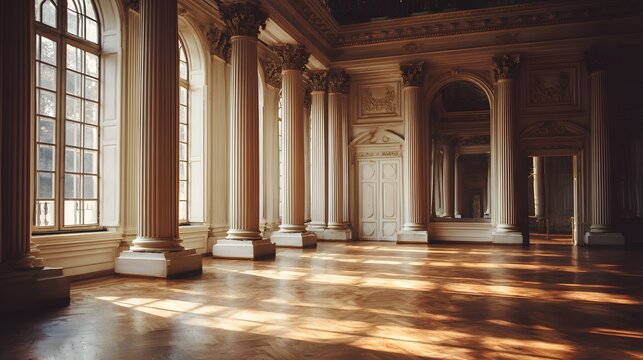 Ornate interior hall showcases tall fluted columns flanking large arched windows and doorways