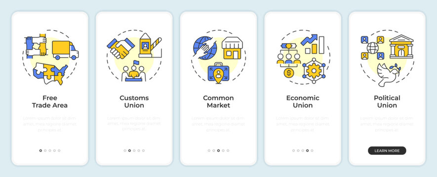 Trading blocs onboarding mobile app screen. Customs union. Walkthrough 5 steps editable graphic instructions with linear concepts. UI, UX, GUI. Montserrat SemiBold, Regular fonts used
