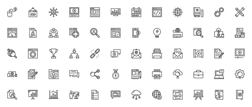 Digital marketing icon set. Vector business icons pak. Includes symbols for anlytics, PPC, browser, emai, cloud computing, contrac, SEO and more. Editable sroke.