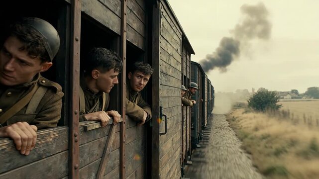Soldiers peer through train windows with anxious faces and whispered