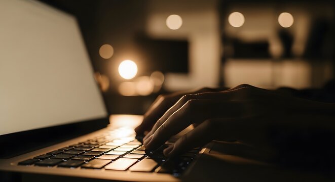 Close up of hands typing on a laptop keyboard in a dimly lit room at night.