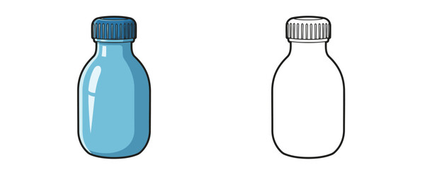 Vector illustration of a small, blank plastic bottle with a ribbed blue screw cap, shown in color and black outline