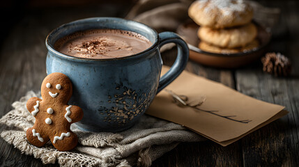 A gingerbread man and cookies are in a mug of hot chocolate on a dark wooden table. There is an empty space for writing.