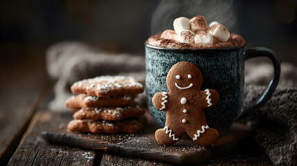 A gingerbread man and cookies are in a mug of hot chocolate on a dark wooden table. There is an empty space for writing.