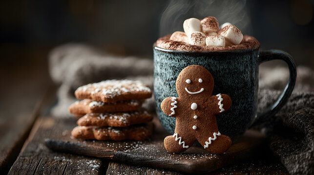 A gingerbread man and cookies are in a mug of hot chocolate on a dark wooden table. There is an empty space for writing. - Powered by Adobe