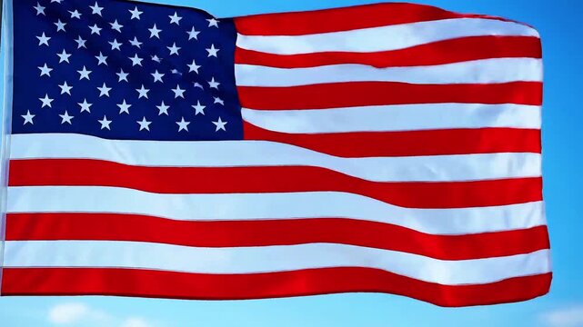American flag proudly waving against a clear blue sky, symbolizing patriotism and freedom