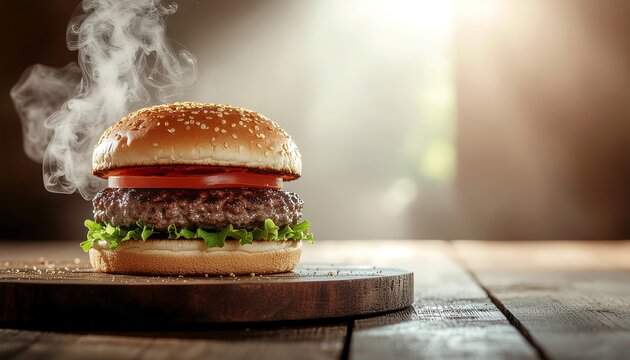 A perfectly grilled, steaming hot burger is presented on a rustic wooden cutting board under dramatic cinematic backlighting.