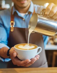 A smiling barista in an apron pours steamed milk from a metal pitcher to complete a rosetta latte art pattern in a white cup.
