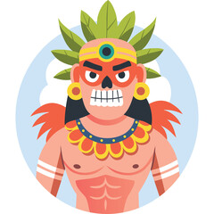 Fototapeta premium Pixel Art Warrior With Fierce Expression Wearing Feathered Headdress and Tribal Necklace Against Sky and Clouds