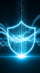 Abstract digital illustration security shield protecting data streams binary code