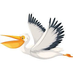 Fototapeta premium Pixel Art White Pelican Bird Flying With Open Beak and Yellow Pouch Detailed Feathers White Background
