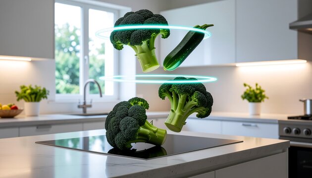 Broccoli and cucumber levitating above a smart kitchen counter, being scanned by glowing blue holographic rings.