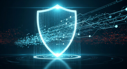 Abstract digital illustration security shield protecting data streams binary code