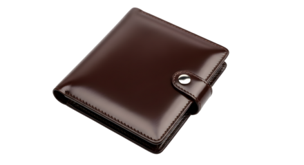 Elegant dark brown leather bi fold wallet with snap closure isolated on transparent background