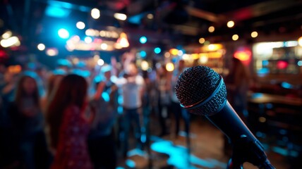Microphone center stage at lively concert venue. AI image