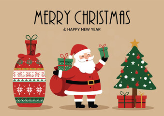 Santa Claus with Presents Next to a Decorative Gift Bag and a Small Christmas Tree, Merry Christmas and Happy New Year