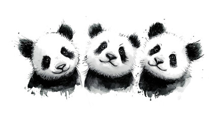 Watercolor panda faces, hand-painted in expressive black ink with unique brush strokes and splatter effects, isolated on a transparent background. Ideal for design, branding, and creative projects.