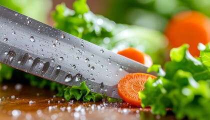 Close-up of a wet knife slicing carrots and lettuce, rich texture, mid-motion, food prep scene.