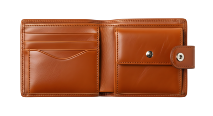 Open brown leather bi fold wallet with card slots and coin pocket isolated on transparent background