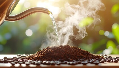 Close-up of hot water pouring from a gooseneck kettle onto ground coffee, creating steam and a bloom effect.