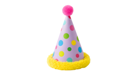 A colorful polka dot party hat with a pink pompom on top isolated on transparent background