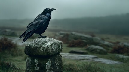 Solitary black bird perches atop weathered stone marker in misty moorland setting