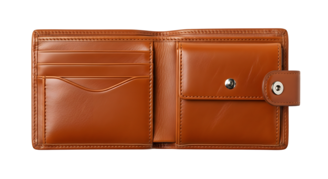 Open brown leather bi fold wallet with card slots and coin pocket isolated on transparent background