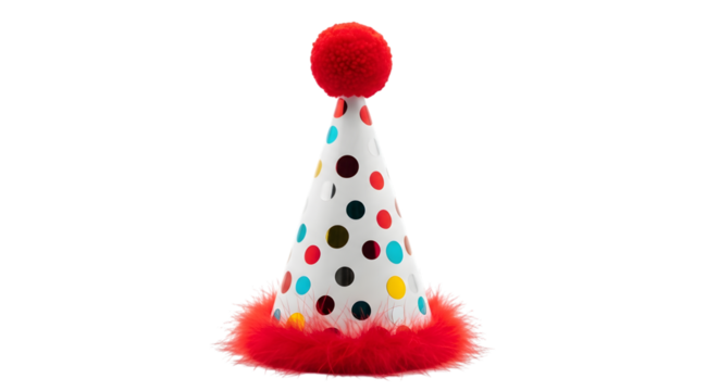 Festive polka dot party hat with red pom pom and trim isolated on transparent background - Powered by Adobe