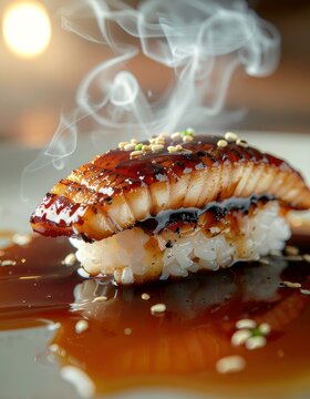 Close-up of steaming grilled unagi (eel) sushi glazed with teriyaki sauce and sesame seeds, resting in a pool of sauce with warm backlighting.
