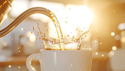 Coffee pouring from a kettle into a white mug, captured mid-splash with dramatic backlight and golden sun flare.