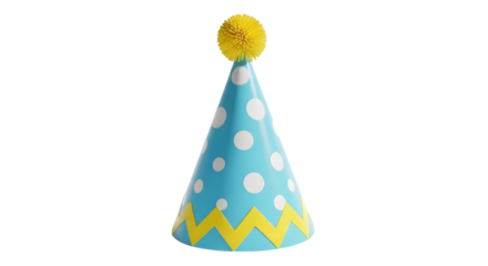 Blue and yellow polka dot party hat with pom pom isolated on transparent background