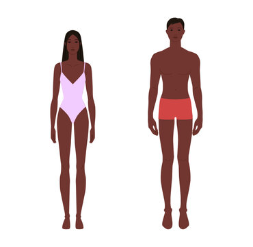 Male and female body template front view, Dark Brown skin tone diversity man, woman. Flat vector anatomy model for fashion design, tailoring, garment fitting, proportions, art reference