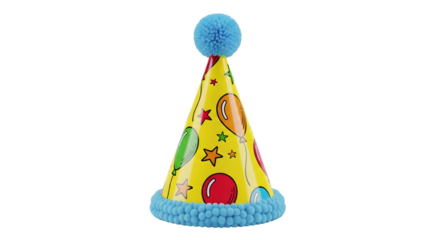 Colorful festive birthday party hat with pom pom isolated on transparent background