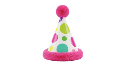 Colorful polka dot party hat with pink pompom and trim isolated on transparent background