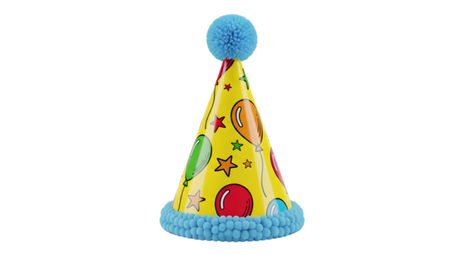 Colorful festive birthday party hat with pom pom isolated on transparent background