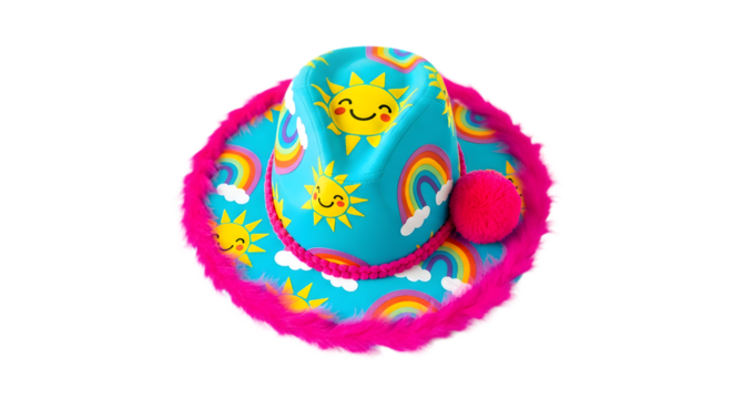 Cute baby cowboy hat with sun and rainbow pattern isolated on transparent background