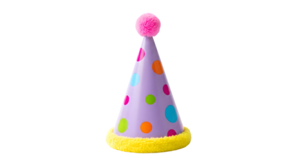 A festive purple party hat with colorful polka dots and a pink pom pom isolated on transparent background