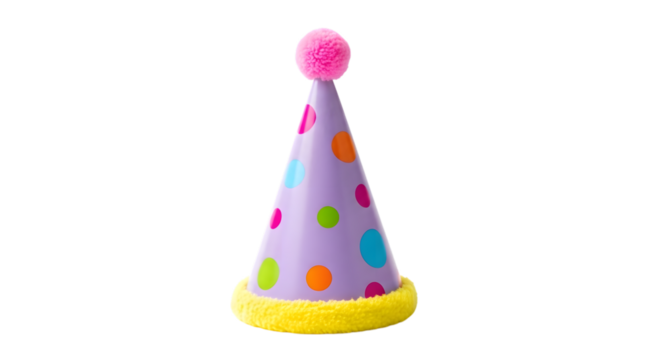 A festive purple party hat with colorful polka dots and a pink pom pom isolated on transparent background