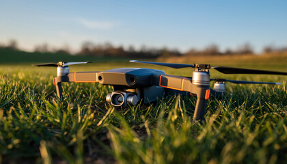 Drone Resting on Grass Field at Sunset Ready for Flight