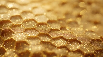Brilliant golden surface displays a detailed, shimmering hexagonal pattern