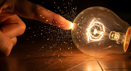 Close-up of a finger touching a glowing light bulb with sparks flying.