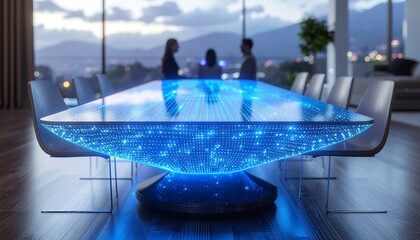 Futuristic dining table with a glowing blue holographic surface in a modern room with a view.