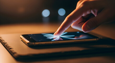 Close-up of a Finger Touching a Smartphone Screen in a Dimly Lit Room.