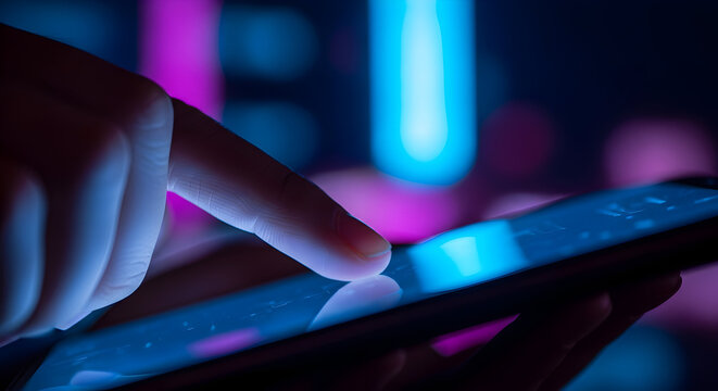 Close-up of a finger touching a glowing tablet screen with neon lights in the background.